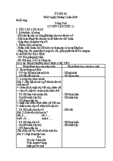 Kế hoạch bài dạy Lớp 1 - Tuần 33 - Năm học 2023-2024 - Nguyễn Thị Thanh Hiền