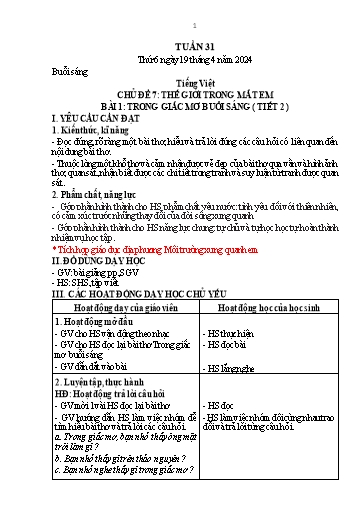 Kế hoạch bài dạy Tiếng Việt + Giáo dục thể chất + Hoạt động trải nghiệm 1 - Tuần 31 - Năm học 2023-2024 - Nguyễn Thị Thanh Hiền