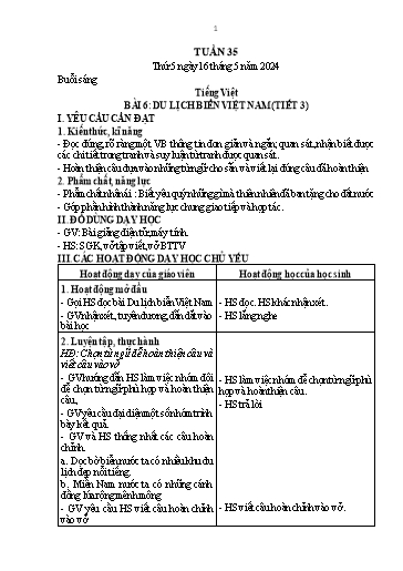 Kế hoạch bài dạy Toán + Tiếng Việt + Hoạt động trải nghiệm 1 - Tuần 35 - Năm học 2023-2024 - Nguyễn Thị Thanh Hiền