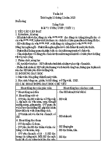 Kế hoạch bài dạy Toán + Tiếng Việt + Hoạt động trải nghiệm 1 - Tuần 16 - Năm học 2023-2024 - Nguyễn Thị Thanh Hiền