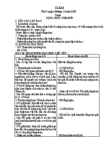Kế hoạch bài dạy Toán + Tiếng Việt + Hoạt động trải nghiệm Khối 2 - Tuần 8 - Năm học 2023-2024 - Hà Thị Mỹ Hướng
