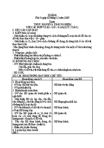 Kế hoạch bài dạy Toán + Tiếng Việt + Hoạt động trải nghiệm Khối 2 - Tuần 9 - Năm học 2023-2024 - Hà Thị Mỹ Hướng