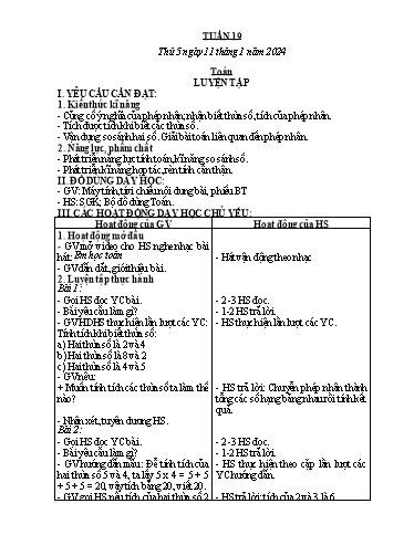 Kế hoạch bài dạy Toán + Tiếng Việt + Hoạt động trải nghiệm Lớp 2 - Tuần 19 - Năm học 2023-2024 - Hà Thị Mỹ Hướng