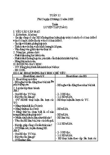Kế hoạch bài dạy Toán + Tiếng Việt + Hoạt động trải nghiệm Lớp 2 - Tuần 12 - Năm học 2023-2024 - Hà Thị Mỹ Hướng