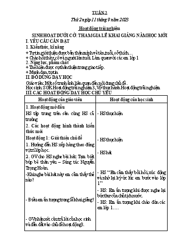Kế hoạch bài dạy Toán + Tiếng Việt + Hoạt động trải nghiệm Lớp 2 - Tuần 2 - Năm học 2023-2024 - Hà Thị Mỹ Hướng
