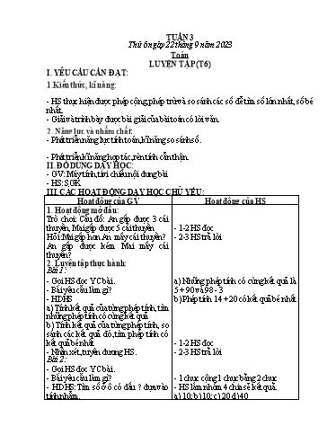 Kế hoạch bài dạy Toán + Tiếng Việt + Hoạt động trải nghiệm Lớp 2 - Tuần 3 - Năm học 2023-2024 - Hà Thị Mỹ Hướng