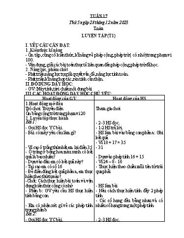 Kế hoạch bài dạy Toán + Tiếng Việt + Hoạt động trải nghiệm Lớp 2 - Tuần 17 - Năm học 2023-2024 - Hà Thị Mỹ Hướng
