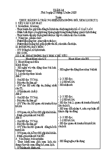 Kế hoạch bài dạy Toán + Tiếng Việt + Hoạt động trải nghiệm Lớp 2 - Tuần 16 - Năm học 2023-2024 - Hà Thị Mỹ Hướng