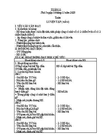 Kế hoạch bài dạy Toán + Tiếng Việt + Hoạt động trải nghiệm Lớp 2 - Tuần 11 - Năm học 2023-2024 - Hà Thị Mỹ Hướng