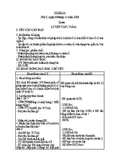 Kế hoạch bài dạy Toán + Tiếng Việt + Hoạt động trải nghiệm Lớp 2 - Tuần 13 - Năm học 2023-2024 - Hà Thị Mỹ Hướng