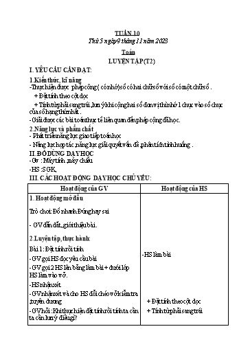 Kế hoạch bài dạy Toán + Tiếng Việt + Hoạt động trải nghiệm Lớp 2 - Tuần 10 - Năm học 2023-2024 - Hà Thị Mỹ Hướng