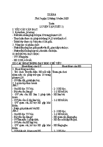 Kế hoạch bài dạy Toán + Tiếng Việt + Hoạt động trải nghiệm Lớp 2 - Tuần 6 - Năm học 2023-2024 - Hà Thị Mỹ Hướng