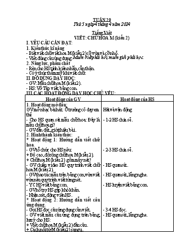 Kế hoạch bài dạy Toán + Tiếng Việt + Hoạt động trải nghiệm Lớp 2 - Tuần 29 - Năm học 2023-2024 - Hà Thị Mỹ Hướng